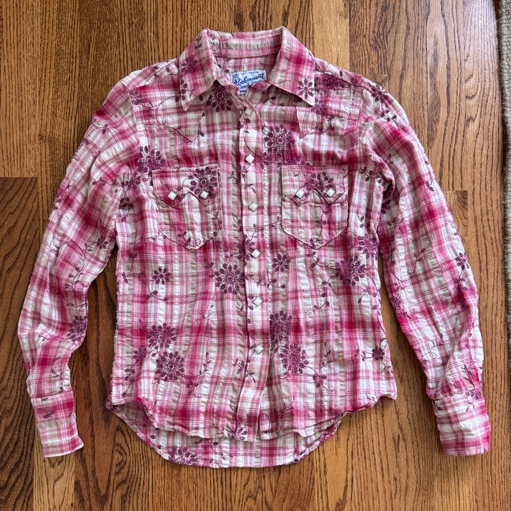 Rockmount Ranch Wear | Pink Plaid Embroidered Western Shirt | Pearl Snap | Small